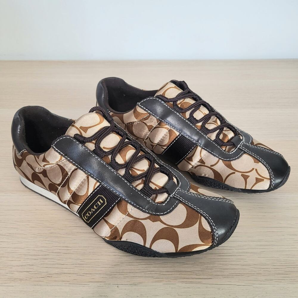 Coach Y2K Kirby Sneakers Signature Monogram Logo Sateen Brown Leather Trim 7